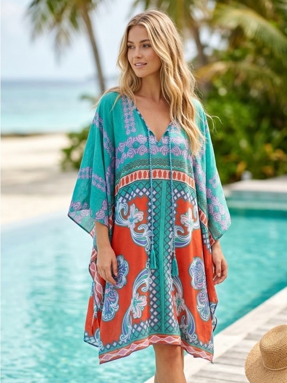 ADRIFT Boho Kaftan Swim Cover Up Colorful Geometric Floral Tassel Tie S/M